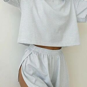 YNS Generic Women's Striped Crop Pajama Set in Light Gray & White